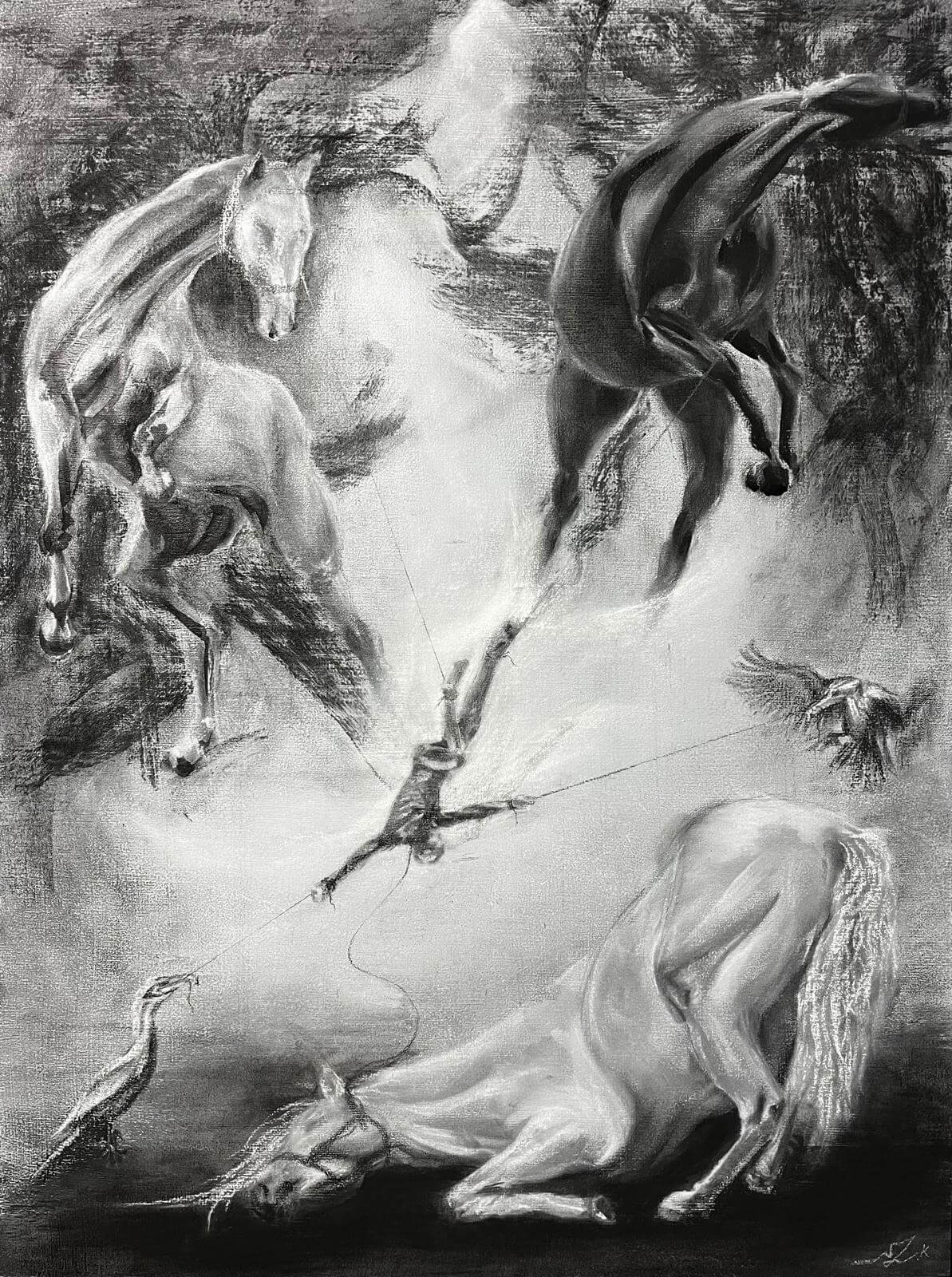 tarot chariot artwork reinterpretation charcoal horse drawing animal quartering